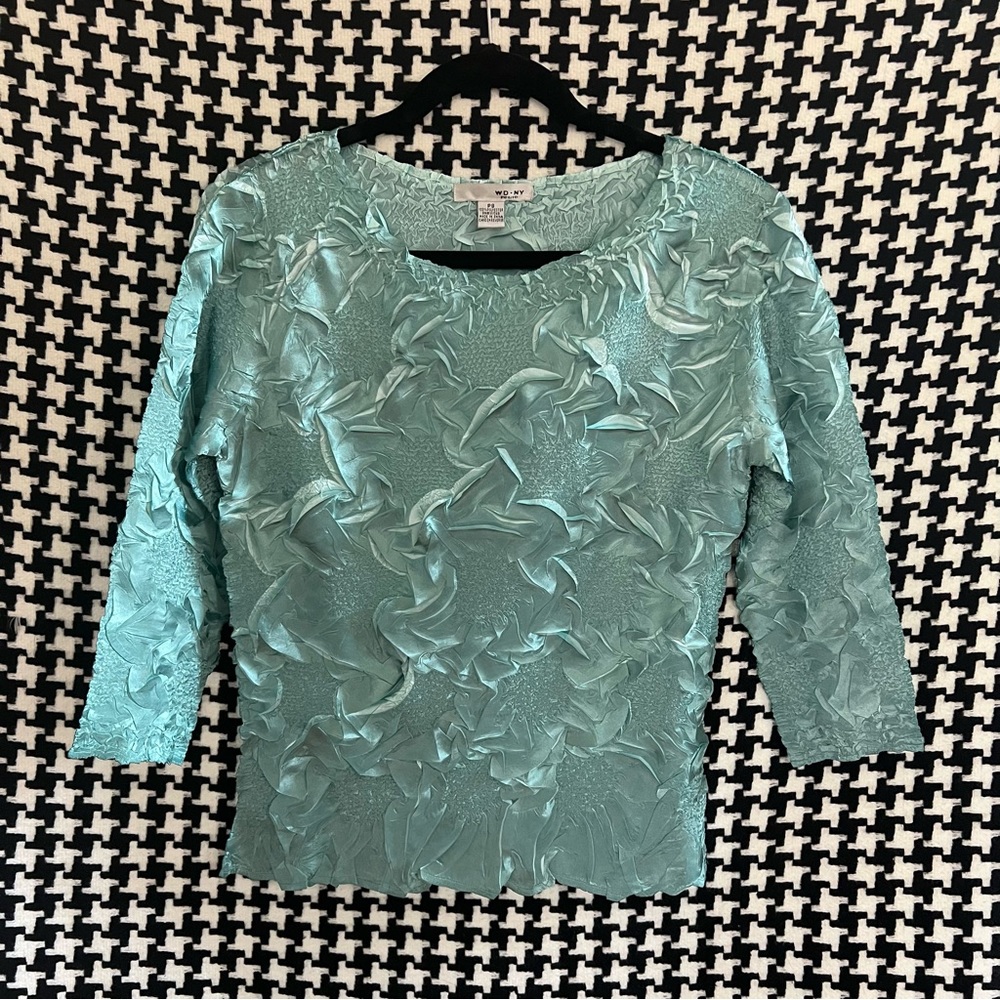 Vintage 90s y2k accordion pleated stretchy sea foam 3/4 sleeve top - Size Small